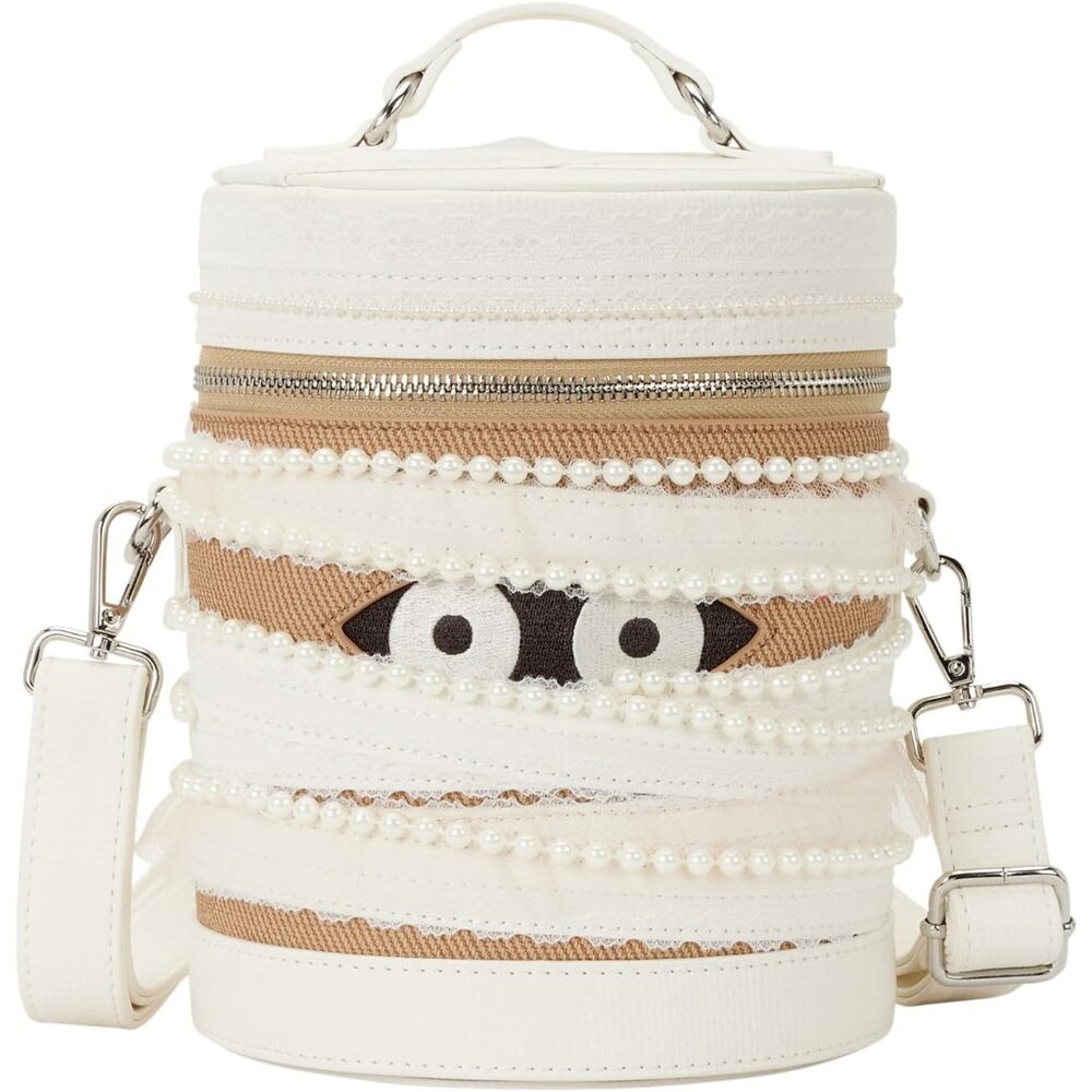 Figural Mummy Crossbody Bag Multicolor Faux Leather Glitter with Embroidered Eye